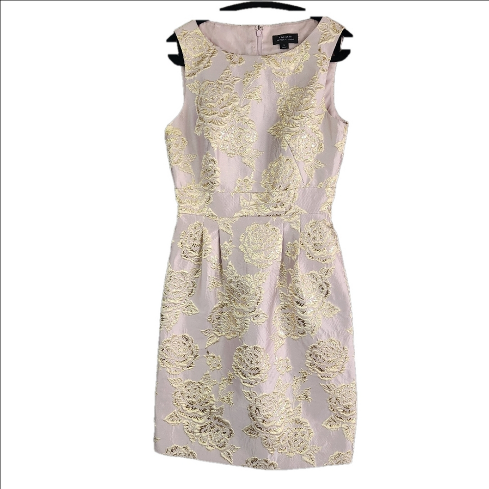 Tahari ASL knee length dress size 2 pink with gold floral back zip sleeveless